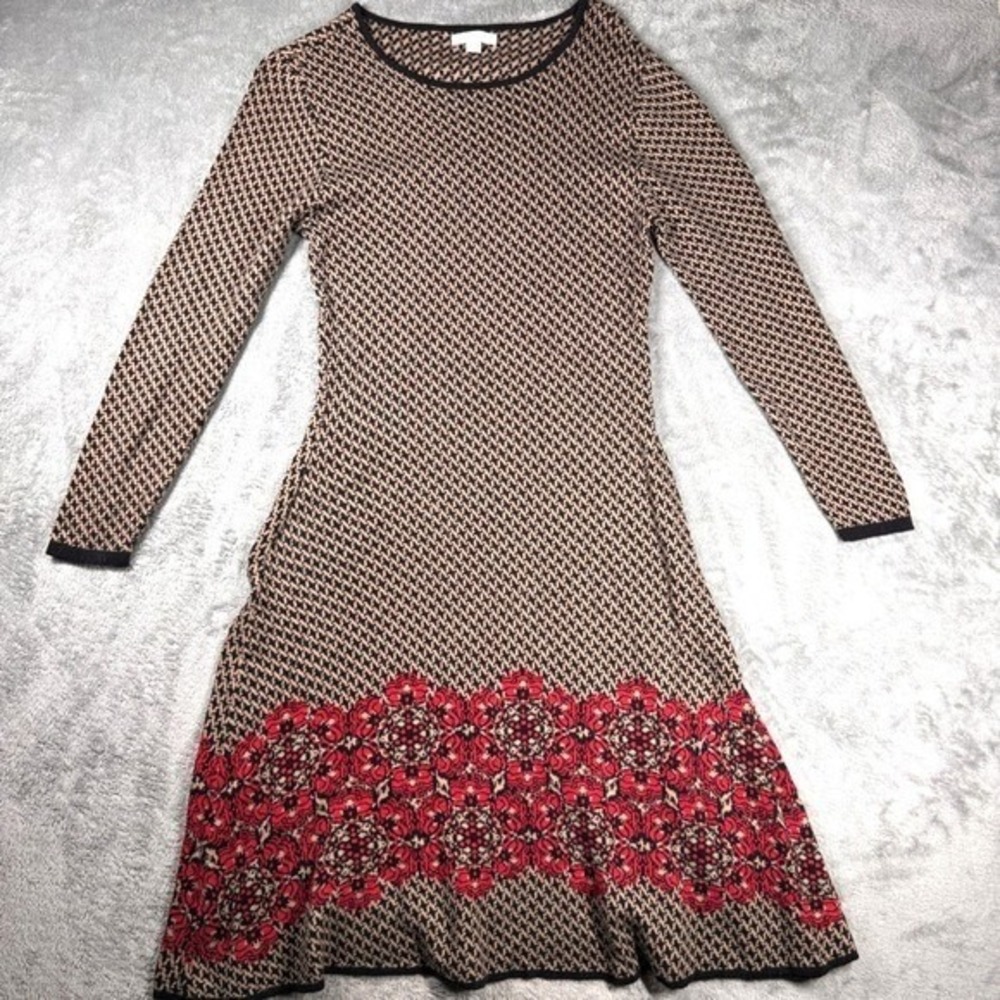 New York & Company Brown Houndstooth Red Floral Hem Sweater Dress Women's L - Picture 2 of 10